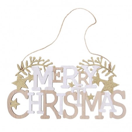 MERRY CHRISTMAS WOOD AND GOLD HANGING DECORATION