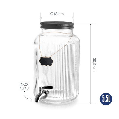 LACOR DISTRIBUTEUR DE BOISSONS VERRE 5.5L A/ROBINET & COUVERCLE NOIR