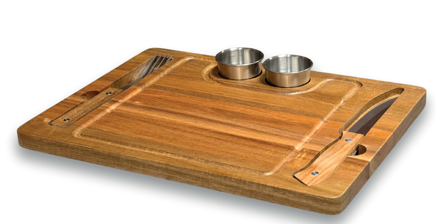 PLANCHE A STEAK EN BOIS 35 x 26CM HT 1,8CM + COUVERTS + 2 POTS