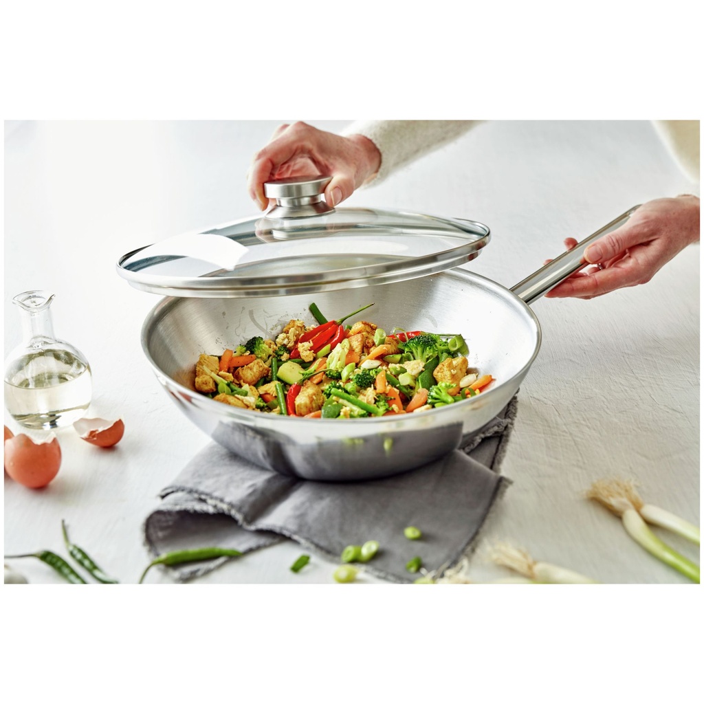 DEMEYERE APOLLO 7 WOK INOX 30CM 4.8L-1 P-FOND PLAT A/COUVERCLE EN VERRE GRATUIT