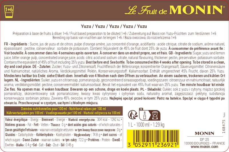 MONIN PUREE YUZU 4 X 1L