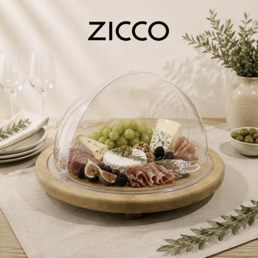 ZICCO PLATEAU A SERVIR BOIS-38CM A/CLOCHE TRANSPARENTE H24,5CM