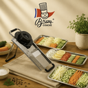 BRON MANDOLINE DU CHEF A/POUSSOIR SECURITE INOX 4 BLOCS DE LAMES 2,4,7 ET 10 MM