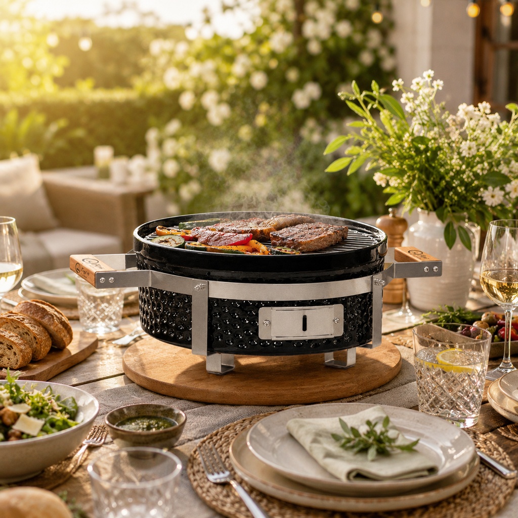 BARBECUE DE TABLE FUJI ROND 45,5 x 34,5CM HT 17CM - GRILLE Ø 30,5CM - INOX/CÉRAMIQUE