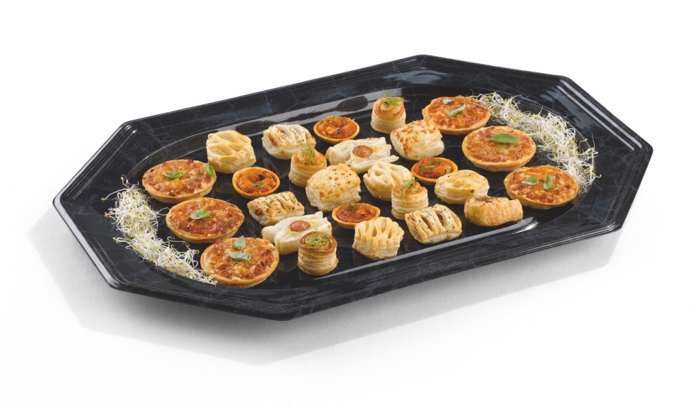 PLATEAU OCTOGONAL EN PLASTIQUE - NOIR MARBRÉ - 35 x 24 CM - 5 PCS