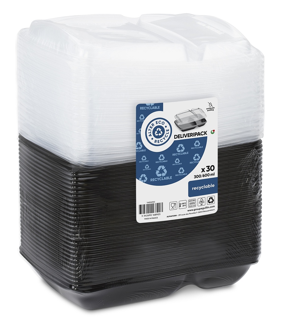 DELIVERIPACK - RAVIER RECTANGULAIRE 2 COMPARTIMENTS EN PLASTIQUE NOIR AVEC COUVERCLE TRANSPARENT - 232 x 172 MM - HT 60 MM - 600 + 300 ML - 30 PCS