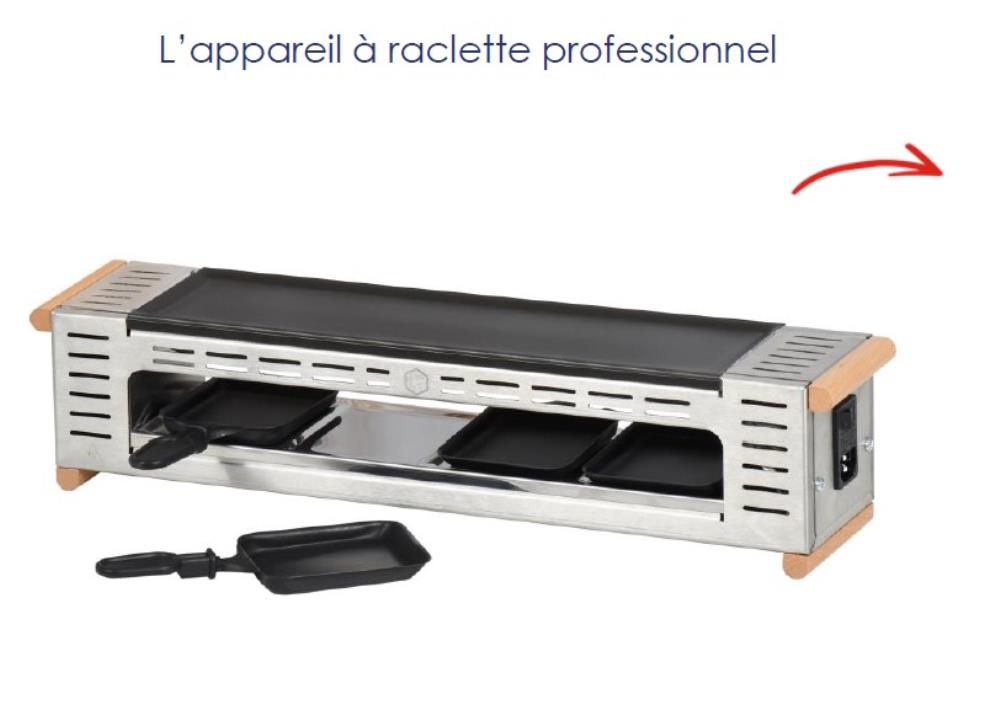 +BRON COUCKE APPAREIL A RACLETTE 4 POELONS+PLAQUE  GRILL 230V-600W-51X10X12CM
