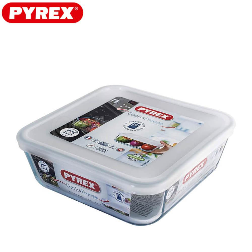 PYREX COOK&FREEZ BOÎTE DE CONSERVATION CARRÉE 20 x 20CM HT 7CM EN VERRE BOROSILICATE 2,0L AVEC COUVERCLE -40 À +300°C
