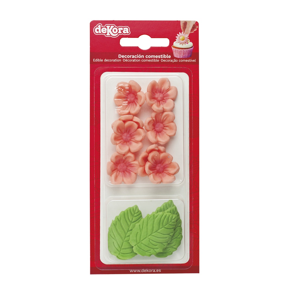 8 PINK FLOWERS AND 5 GREEN LEAVES IN SUGAR