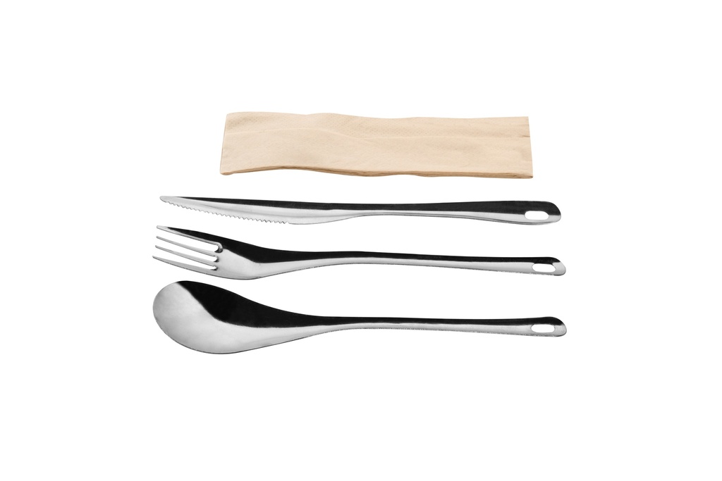 SET DE 4 COUVERTS INOX 21CM (CUILLERE-FOURCHETTE/COUTEAU/SERVIETTE) 