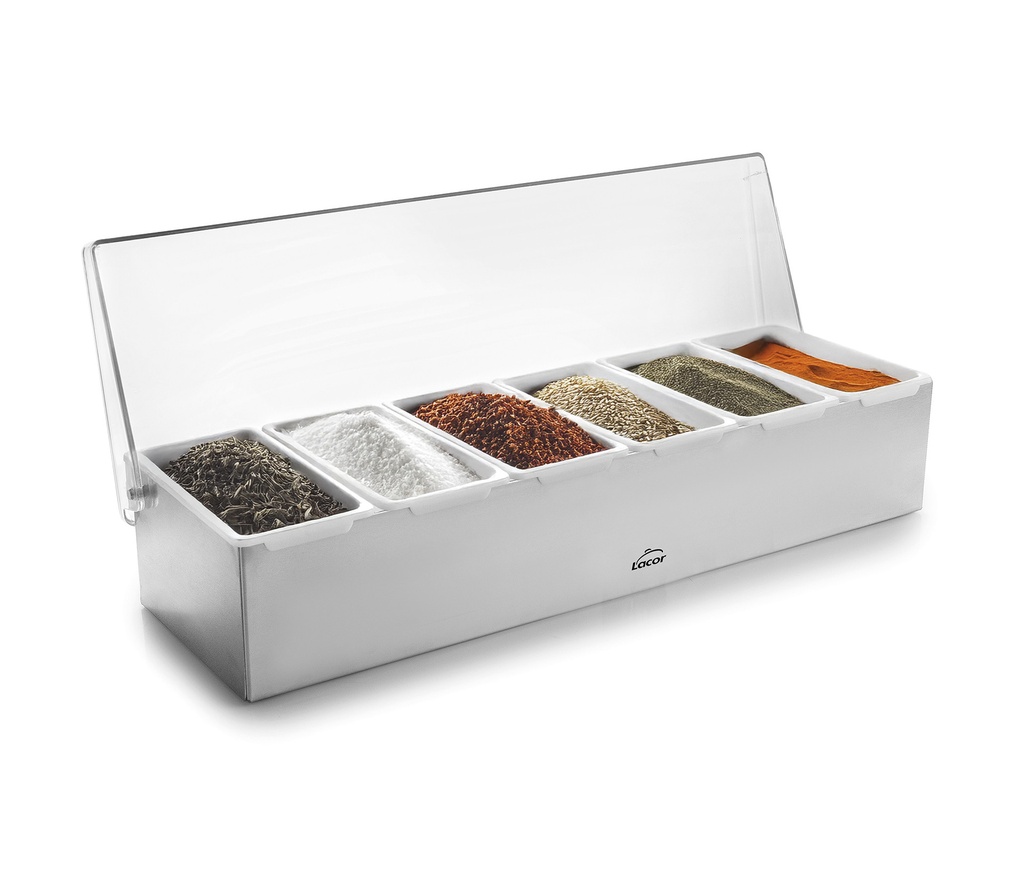 LACOR BOITE INGREDIENTS INOX 6 COMPARTIMENTS DE 450ML A/COUVERCLE 45X15XHT10CM 