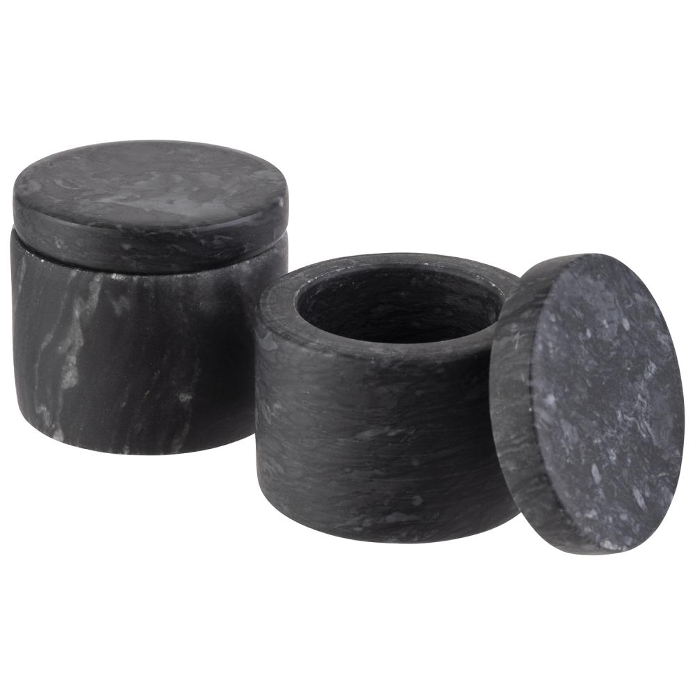 APS “MARVELLO” SET VAN 2 GRIJS/ZWARTE MARMEREN POTTEN MET DEKSEL 6XH5CM - 15920