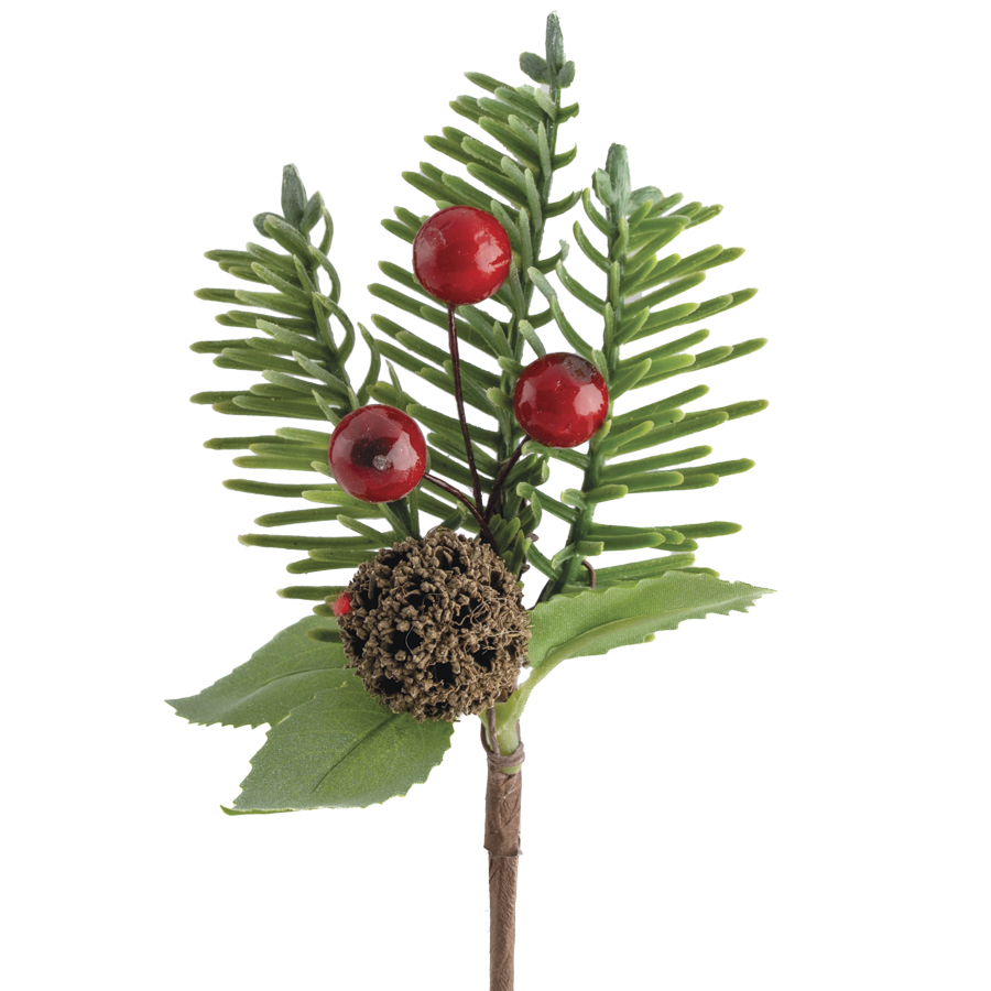 PIQUET TIGE POMME DE PIN SAPIN AVEC BOULES ROUGES H8CM