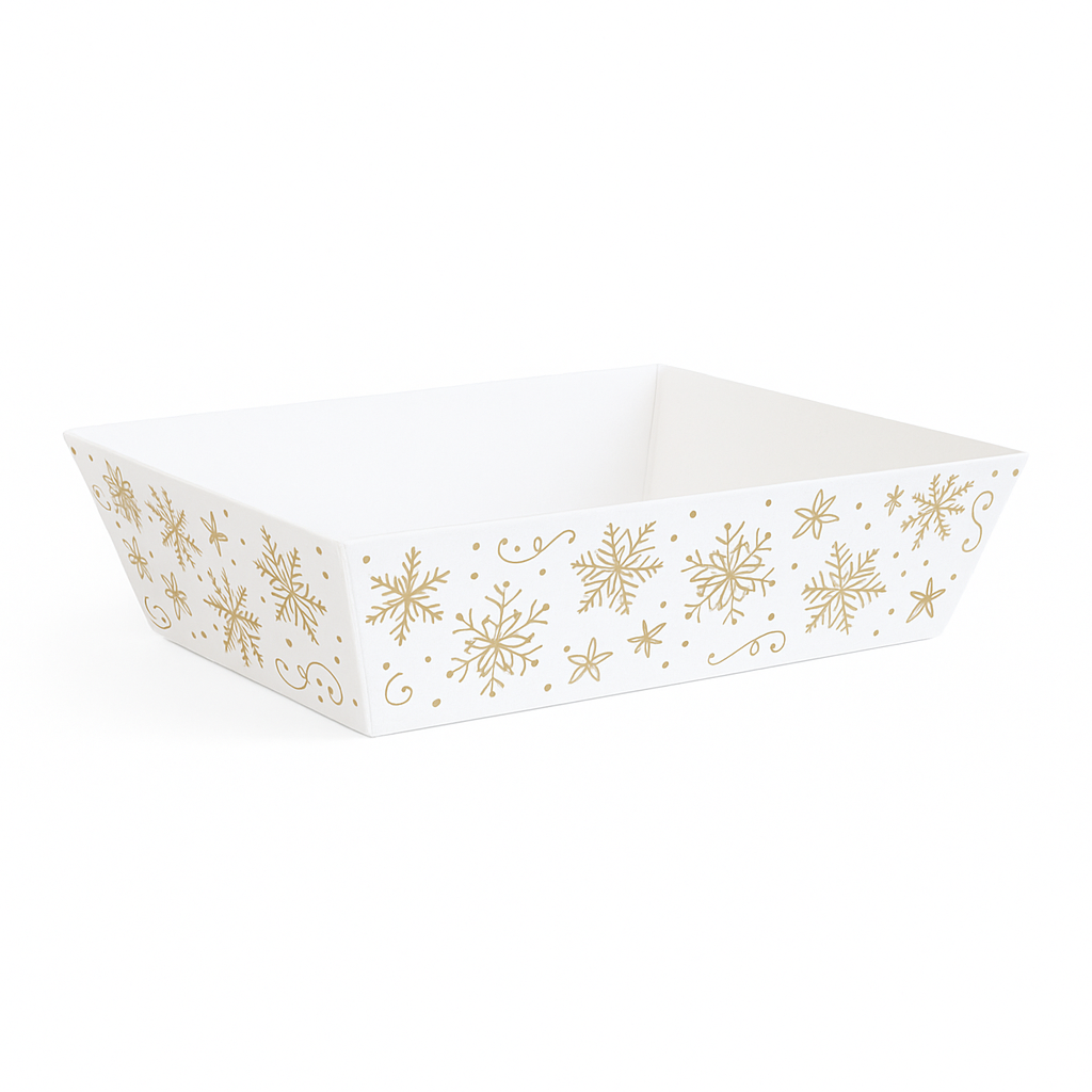 RECHTHOEKIGE MAND GOUD EN WIT MET SNEEUWVLOK 28 X 19CM