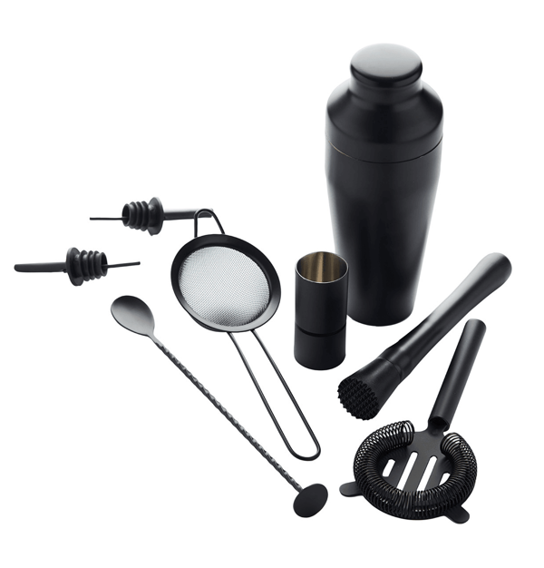 PUNT VIRGULE ZWART COCKTAILSET 8P - SHAKER-LEPEL-COCKTAILZEEFJE-DOSER-PILON-SET VAN 2 DOSERS-STRAINER