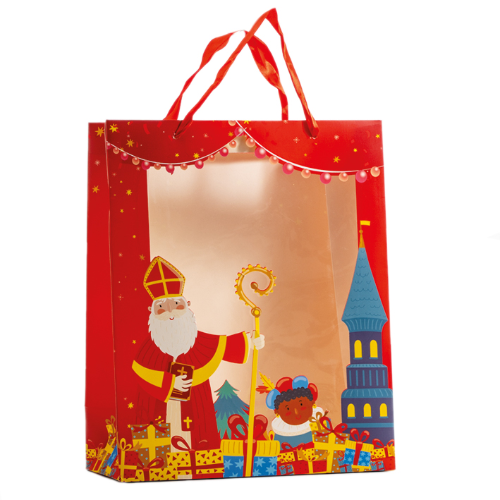RODE ZAK MET VENSTER SINT-NICOLAAS 26 x 12CM H32CM 