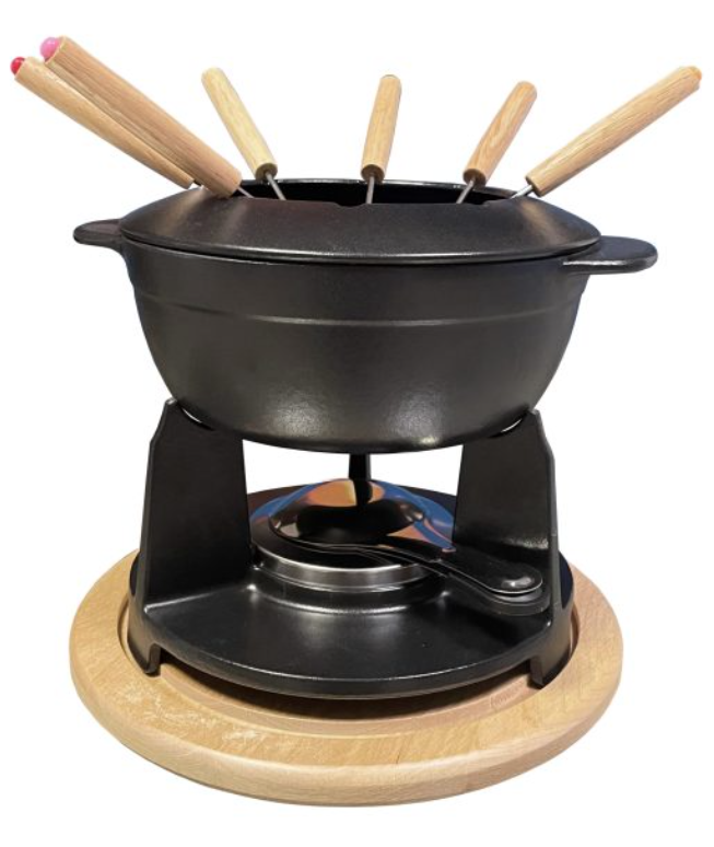 BAUMALU FONDUE CAQUELON CAST IRON BLACK ON WOODEN BOARD - 6P 