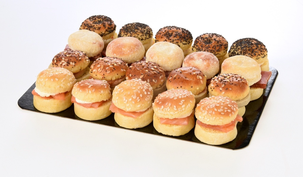 ❄️BURGARD - BRIOCHETTES PRESTIGE 20PCS : 5x FOIE GRAS/CONFIT D'OIGNOONS - 5x SAUMON FUME/FROMAGE RAIFORT - 5x FROMAGE FRAIS/OEUFS DE TRUITE - 5x JAMBON SEC/FROMAGE FRAIS  PLATEAU DE 20PCS  