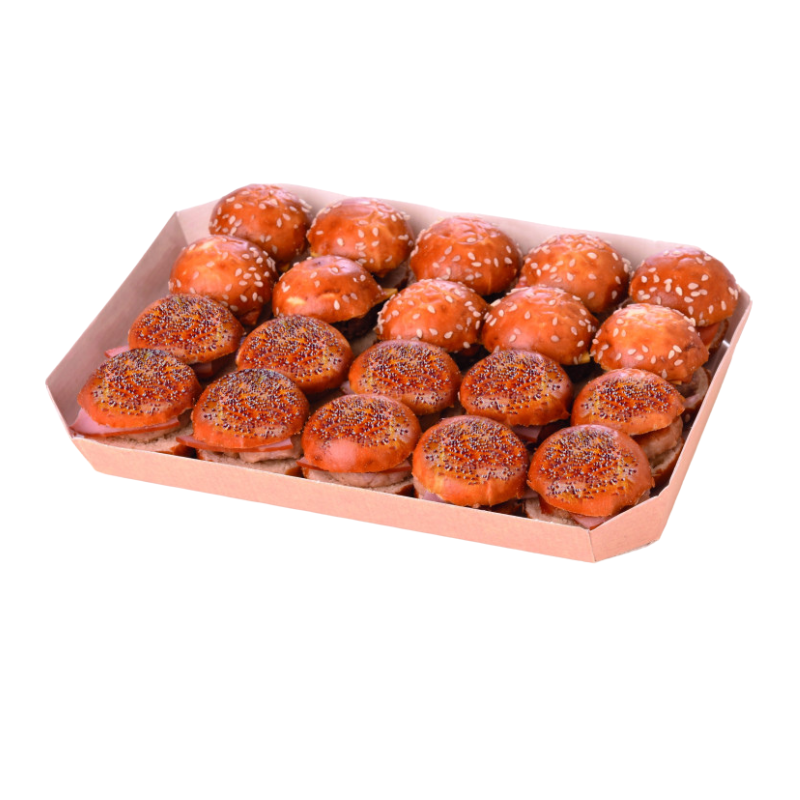 ❄️BURGARD - DUO OF MINI PRETZEL BURGERS 20PCS: 10x PRETZEL BURGER BEEF/CHEDDAR/KETCHUP/MUSTARD - 10x POPPY PRETZEL BURGER CHICKEN/BACON/BBQ SAUCE SOLD ONLY BY PLATEAU OF 40PCS