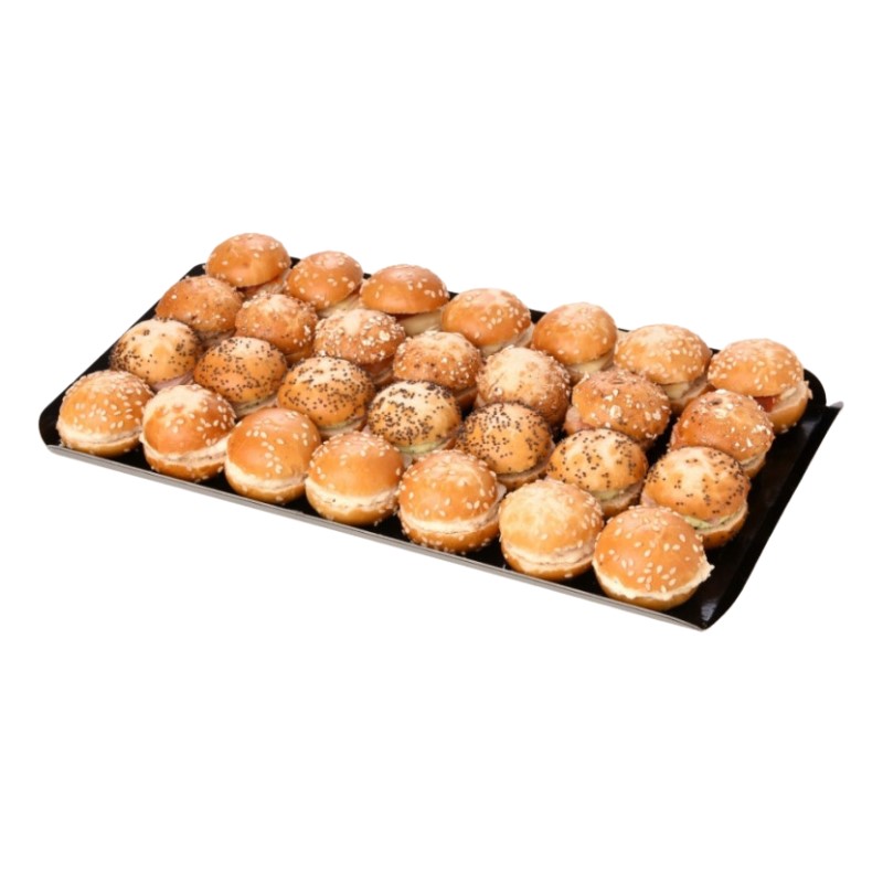 ❄️BURGARD - MINI PRETZEL BITES 28PCS: 7x SESAME PRETZEL/CHICKEN/PARMESAN - 7x POPPY PRETZEL/COOKED HAM/PESTO - 7x MULTIGRAIN PRETZEL/SMOKED SALMON/DILL - 7x SESAME PRETZEL/RIB/TOMATOES