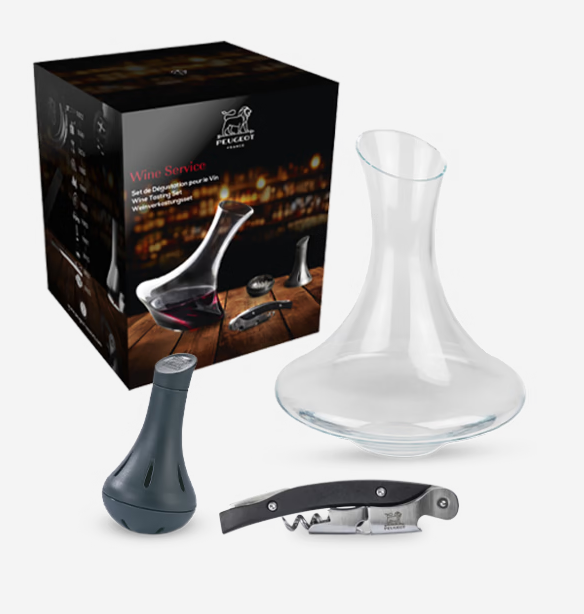 *FF*PEUGEOT SET MET EVOLUTION-KARAFFE + REINIGINGSKOGELS + SOMMELIER MALBEC