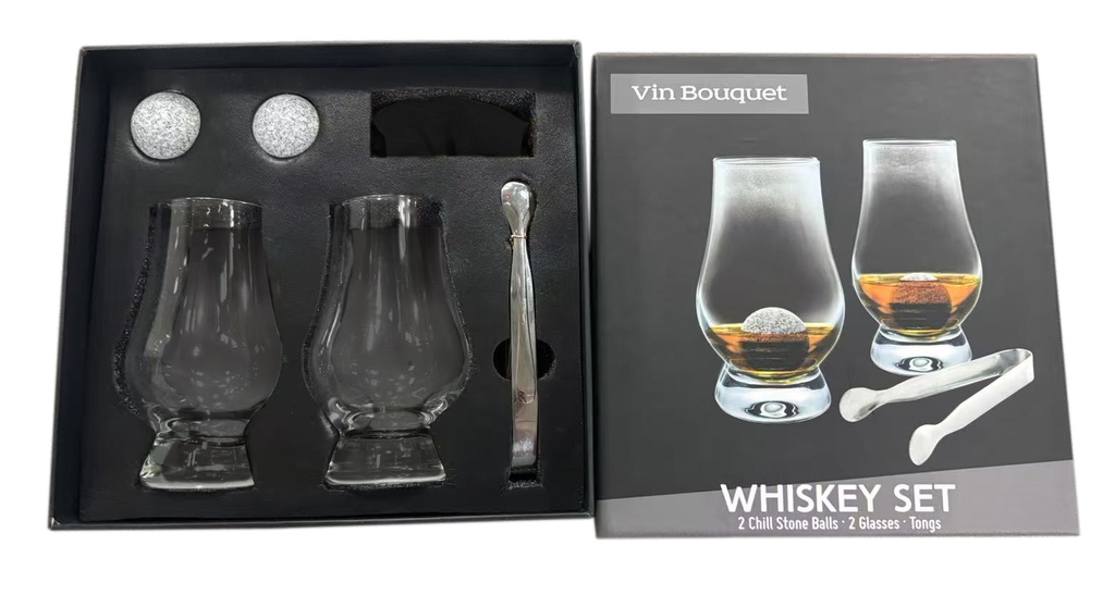 VIN BOUQUET SET WHISKY 2 GLAS + 2 IJSBLOKJES + TANG