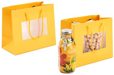 SAC JAUNE AVEC FENÊTRE ET ANSES 20x10CM HT17CM