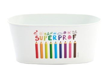 POT EN ZINC OVAL BLANC + CRAYON "SUPER PROF" 20x11CM HT 9CM