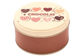 CREAM METAL BISCUIT TIN WITH HEARTS "CHOCOLATE" DIAM 10CM H5CM