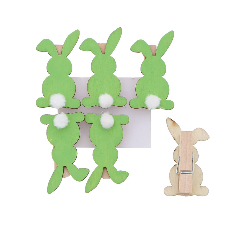 GROENE HOUTEN KLEM "FLUFFY" KONIJN MET POMPOM 6ST 25 x 15MM H45MM