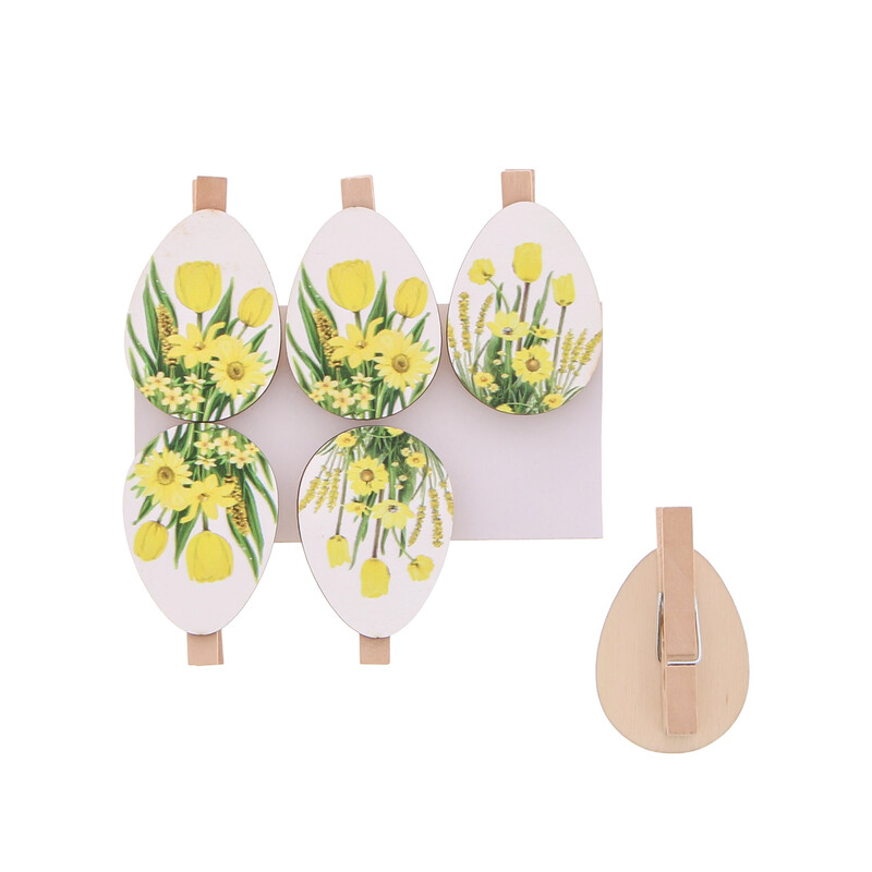 PINCE EN BOIS OEUF BLANC/JAUNE "BOUQUET" 6PCES 33 x 12MM HT 50MM