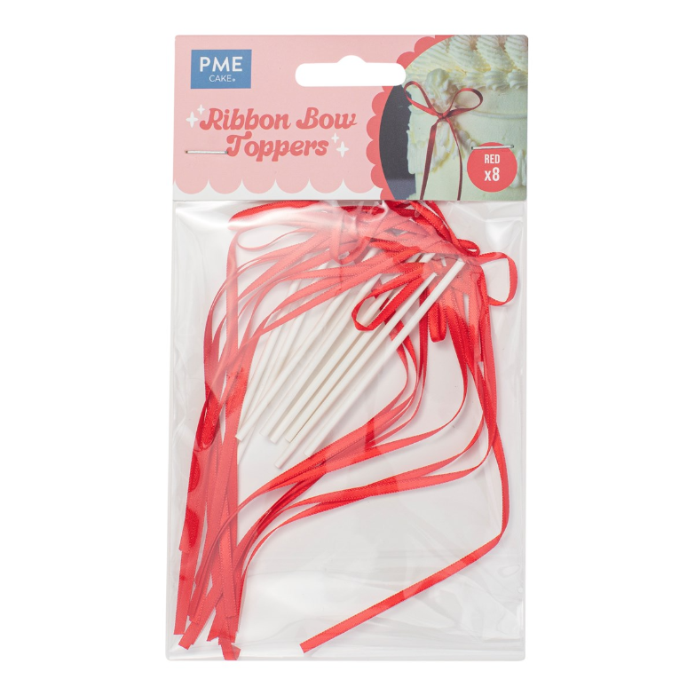 DECORATIEVE SATIJNEN TOPPER STRIKKEN IN ROOD H 14CM VERPAKKING VAN 8 STUKS