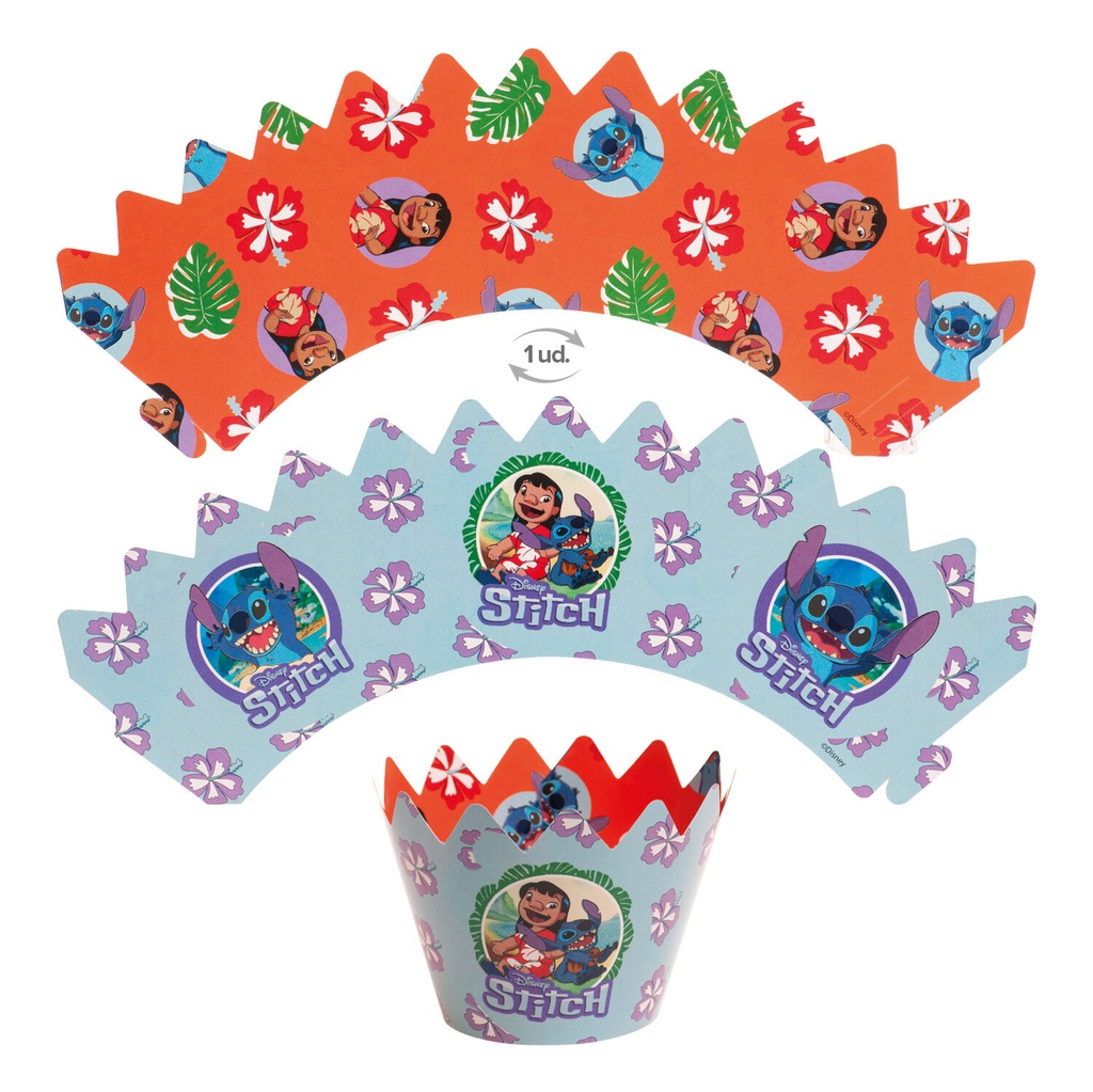 STITCH CUPCAKE BAKPAPIER SET 12ST 5CM HT 6,5CM + 6 OMKEERBARE PRIKKERS 7CM HT 8CM FOST+ INBEGREPEN