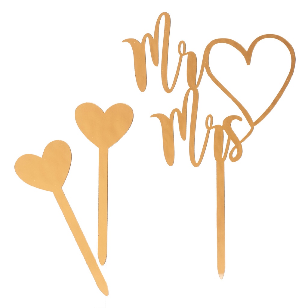 CAKE TOPPERS DORES "MR/MRS" 10 x 16CM ET 2 COEURS 2 x 7CM SET DE 2PCS