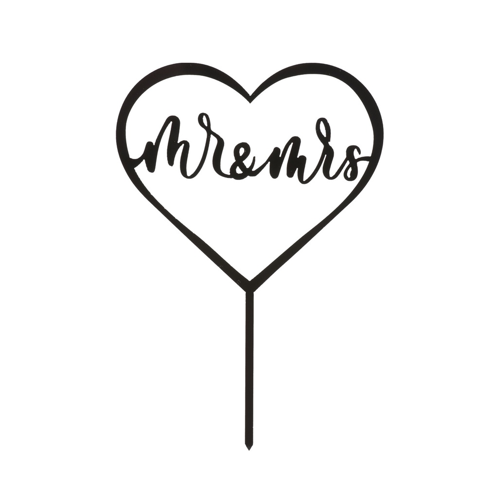 BLACK CAKE TOPPER "MR & MRS" IN A HEART 13 x 18CM