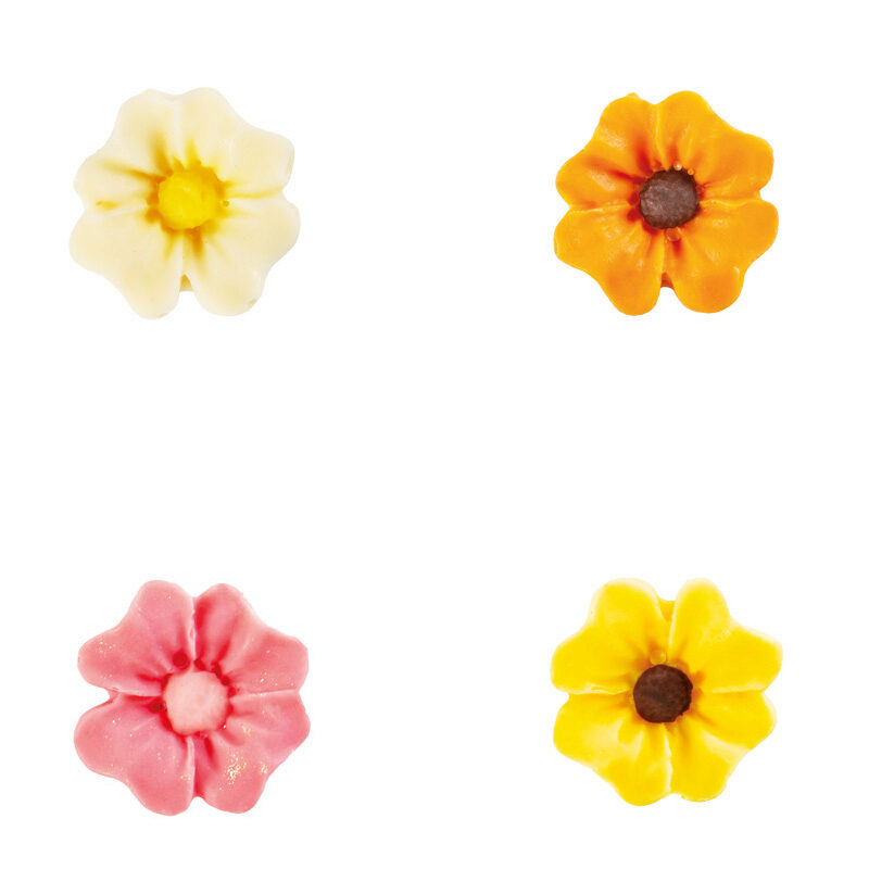 1034374 ASSORTIMENT FLEURS 2D BLANCHE/ROSE/JAUNE/ORANGE CHOCOLAT 2CM 160 PCES ***S/CD***
