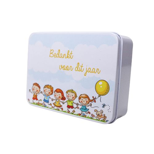BOITE BLANCHE ENFANTS BALLON "BEDANKT VOOR DIT JAAR" 12,3X9,3XH4CM FOST+ INCLUS