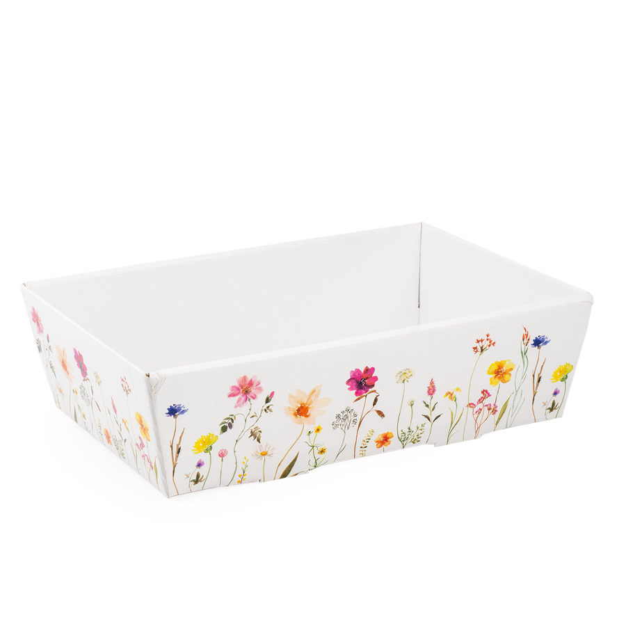 WHITE CARDBOARD BASKET WITH FLOWERS 29 x 21CM H 9CM