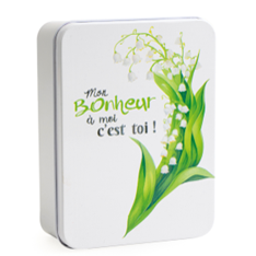 WHITE ZINC BOX + LILY OF THE VALLEY "MY HAPPINESS IS YOU!" 12.3 x 9.3CM H 4CM FOST+ INCLUDED