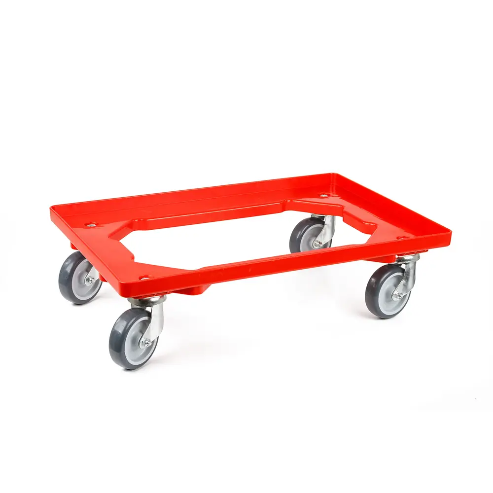 RED POLYPROPYLENE TROLLEY 60 x 40CM GREY RUBBER WHEELS DIAM. 10CM
