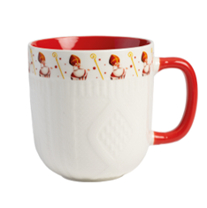 WHITE MUG WITH SAINT NICHOLAS RIM RED HANDLE DIAM. 9CM H 9.5CM