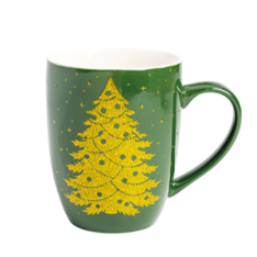 MOK DONKERGROEN MET GOUDEN KERSTBOOM DIAM. 9CM H 11CM