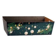 DONKERGROENE RECHTHOEKIGE DOOS “KERSTBALLEN” KARTON 25,5 x 15,5CM H 8CM 