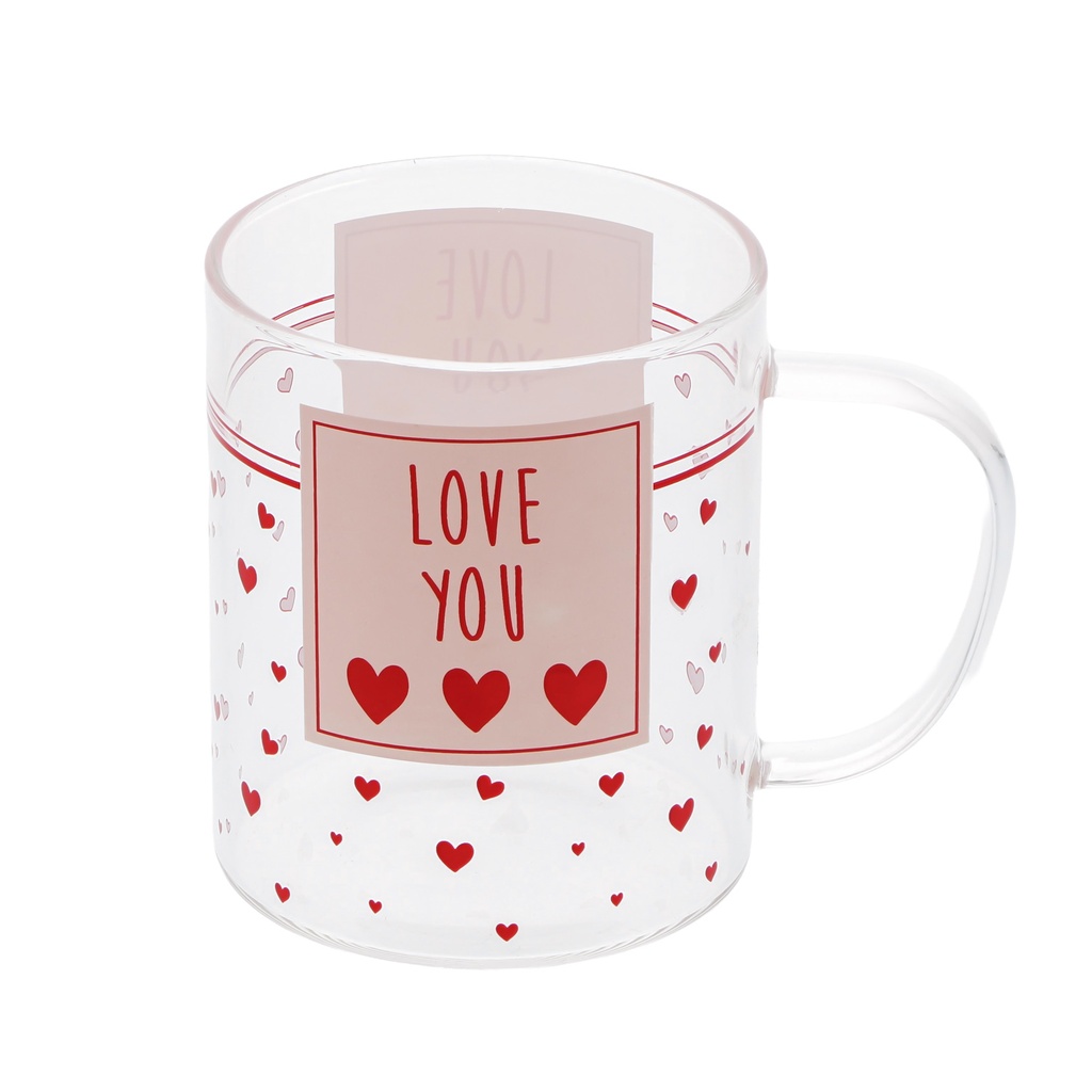 GLASS MUG WITH RED HEARTS “LOVE YOU” 117 x 80MM H 96MM 400ML