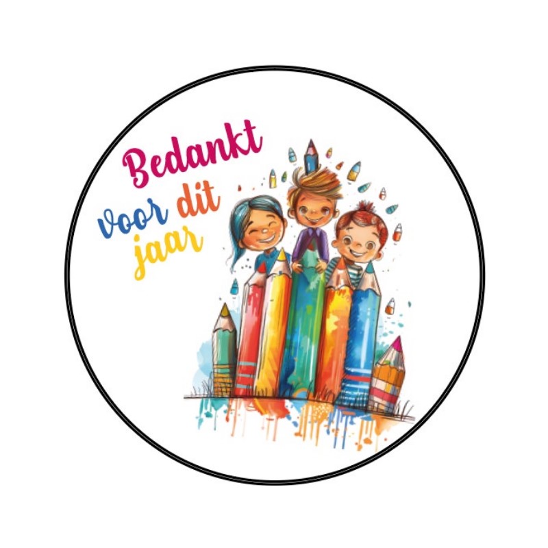 BOITE RONDE EN ZINC BLANCHE MOTIF CRAYONS "BEDANKT VOOR DIT JAAR" DIAM 14.6CM HT 7CM 