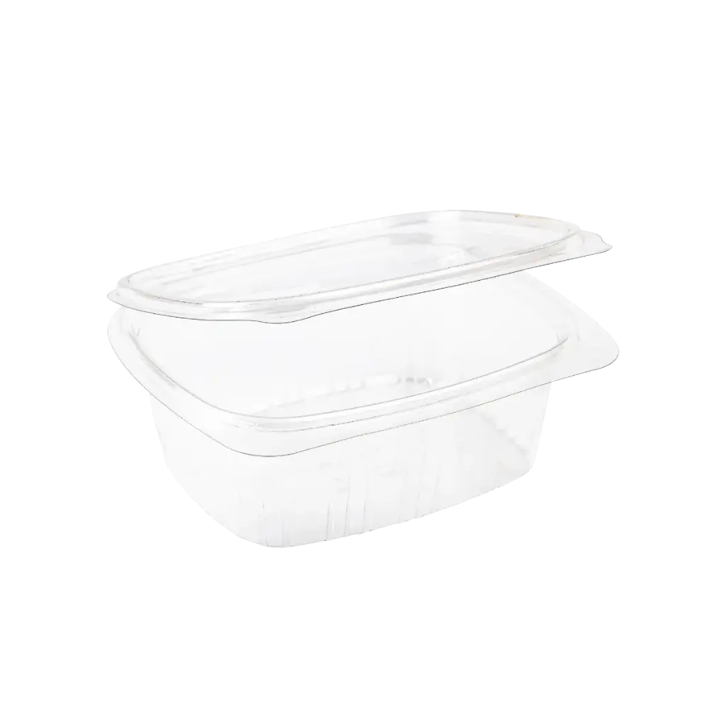 RAVIER STANDIPACK EN RPET TRANSPARENT AVEC COUVERCLE A CHARNIERE - 138 x 118MM HT 60MM 500ML - 50PCS