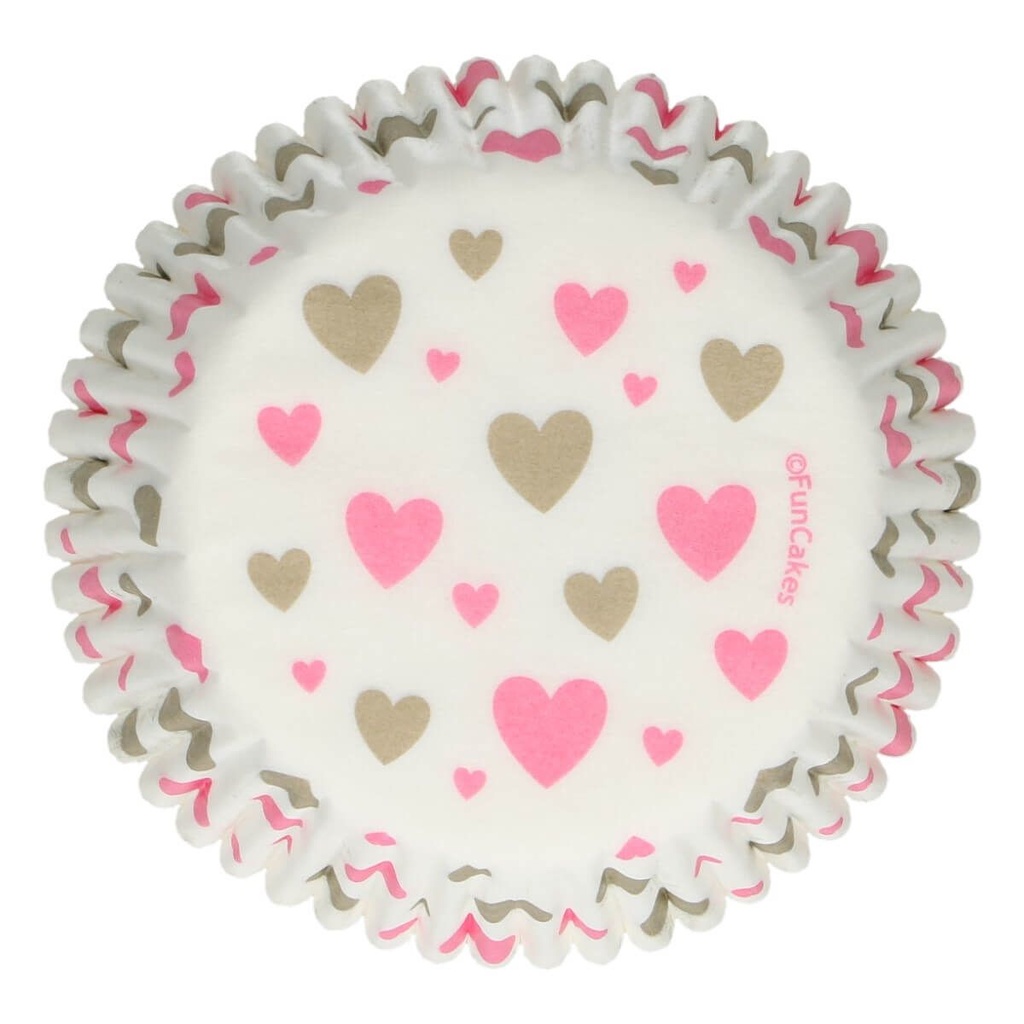FUNCAKES WHITE CUPCAKE CASE WITH PINK/GOLD HEART 48 PCES FOST+ INCLUDED