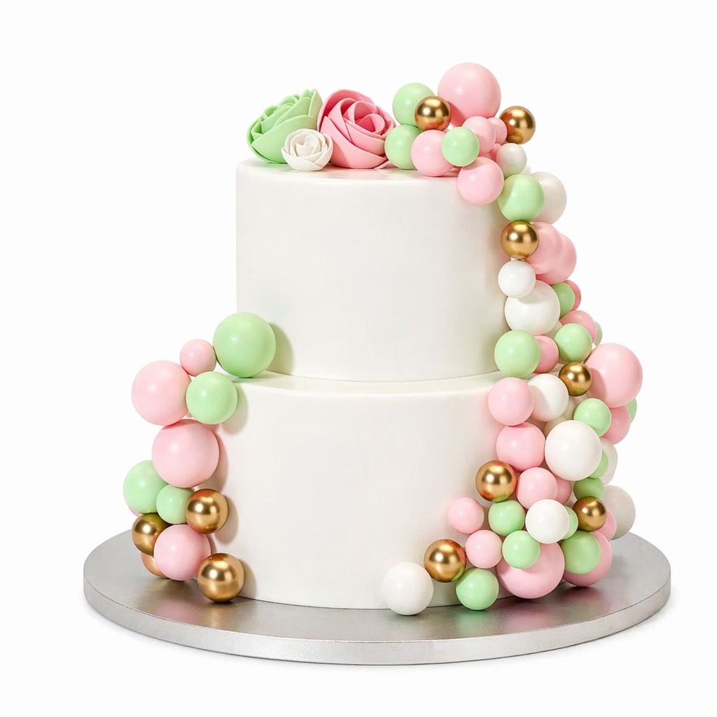 DÉCORATIONS BOULES SUR PIQUES ROSE, VERT, BLANC ET OR 32PCS