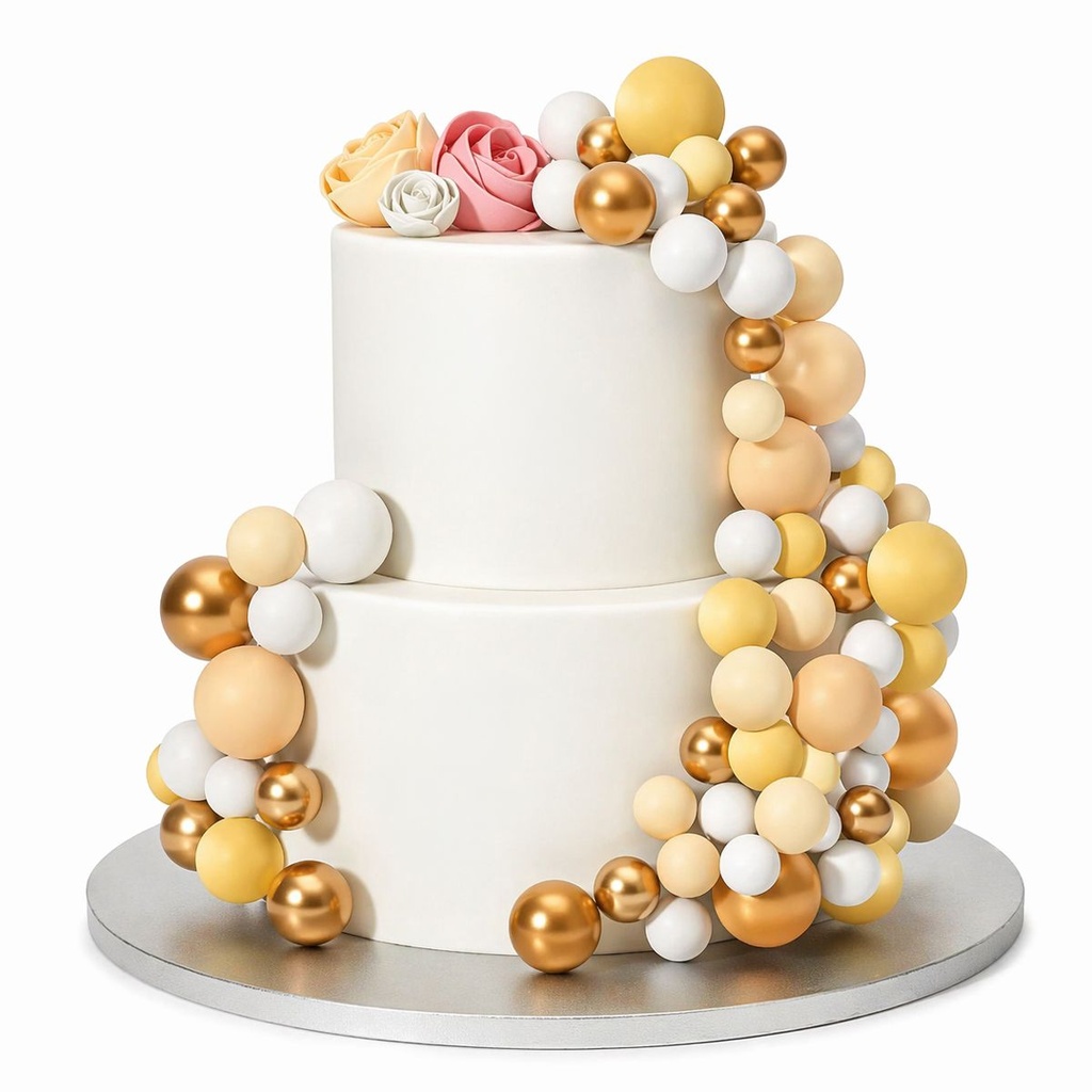 DÉCORATIONS BOULES SUR PIQUES JAUNE, BEIGE, BLANC ET OR 32PCS