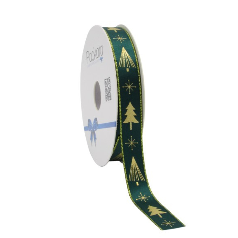 DARK GREEN AND GOLD SATIN RIBBON "CHRISTMAS TREE" 15 MM x 20 M